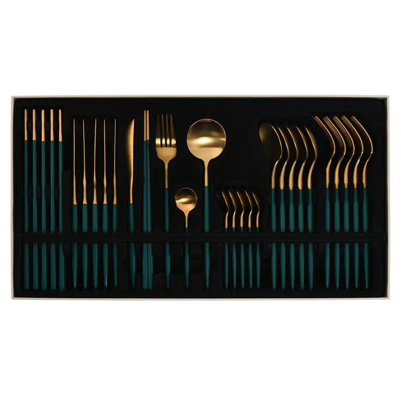 30-Piece Green & Gold Flatware Set – Luxe Two-Tone Finish & Balanced Weight 1