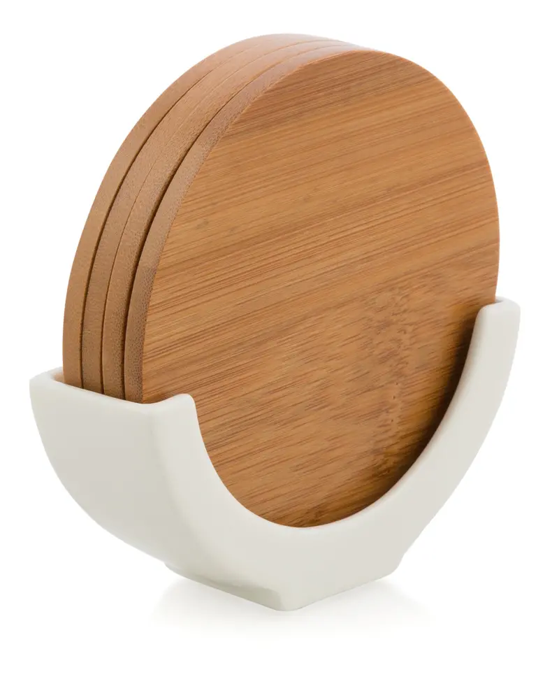 Bamboo Coasters With Porcelain Stand – 4-Piece Tableware Set 1