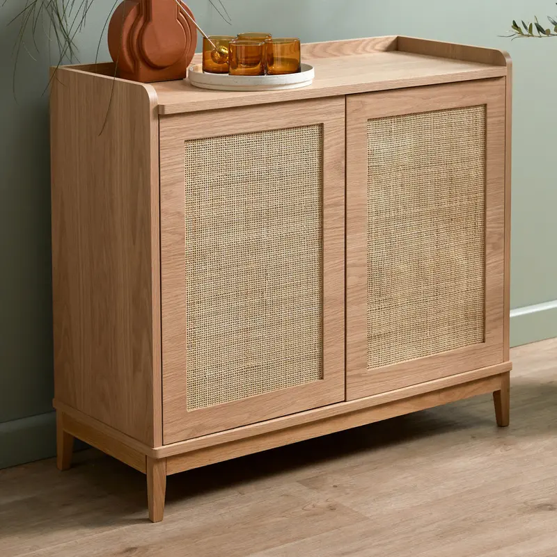 Salvator Rattan-Wrapped Wine Buffet Cabinet With Open Shelving 1